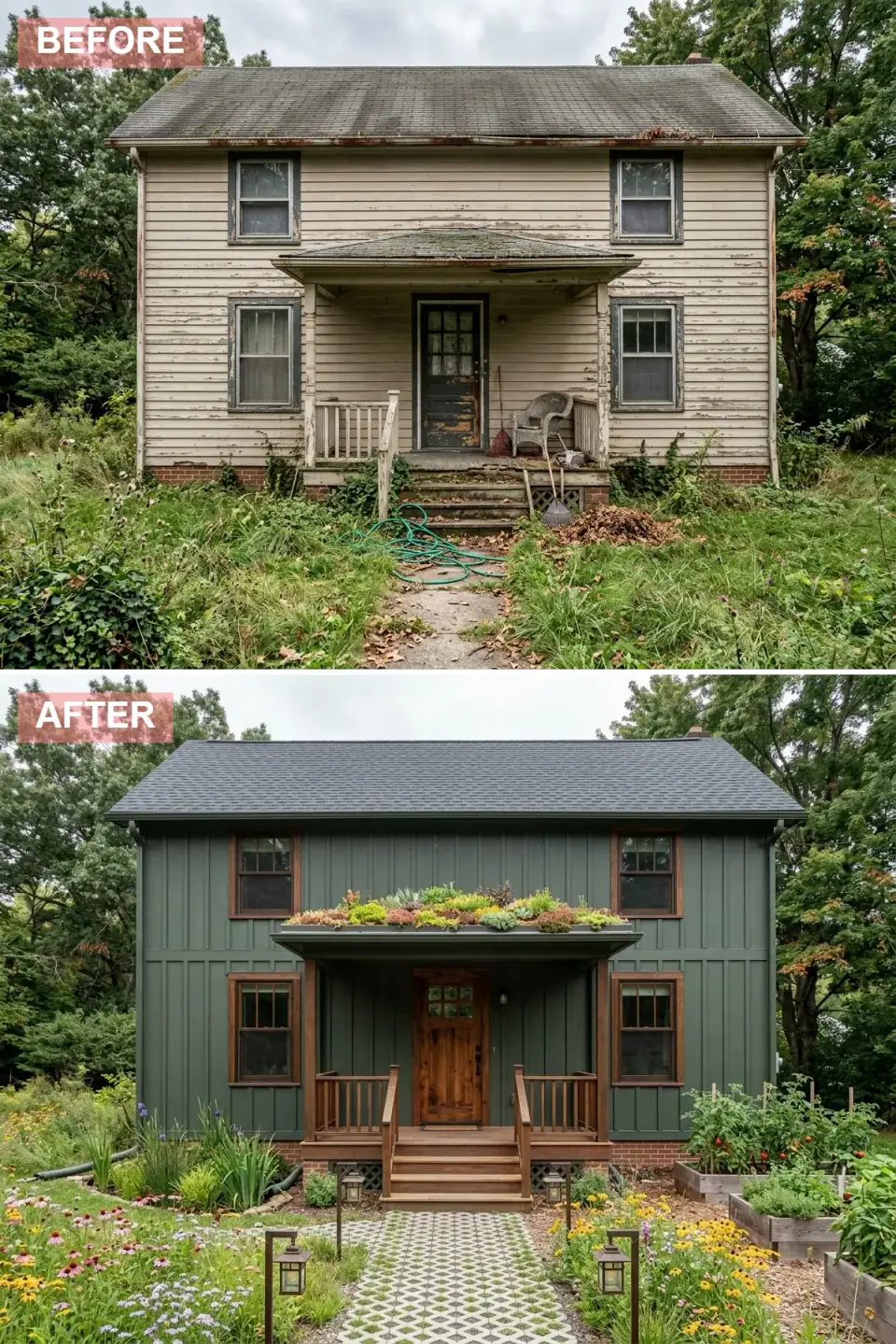 Gable home in dark forest-green board-and-batten siding with a living sedum green roof over the porch, clear-sealed natural wood porch, raised vegetable beds and permeable paver path