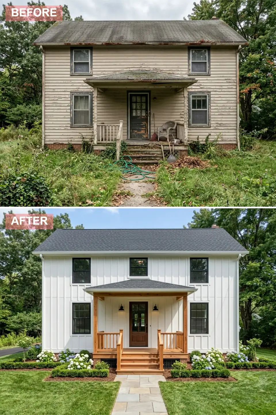 Gable home in white board-and-batten siding with black window frames and roof, a clear-sealed natural cedar porch with posts and steps, and hydrangeas and boxwoods along a flagstone path