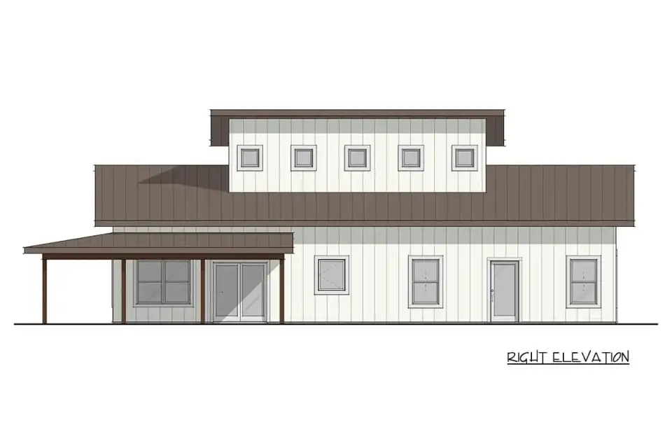 Side elevation of Plan 405151FDC showing the secondary covered entry, the side porch, and the clerestory monitor profile