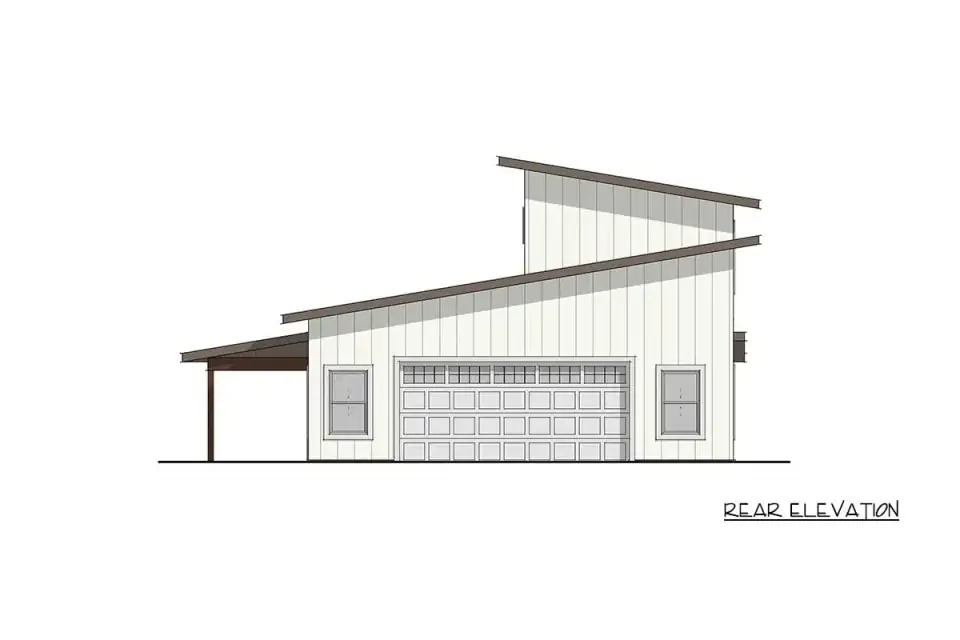 Rear elevation of Plan 405151FDC confirming the garage bay placement and the lean-to roof extension