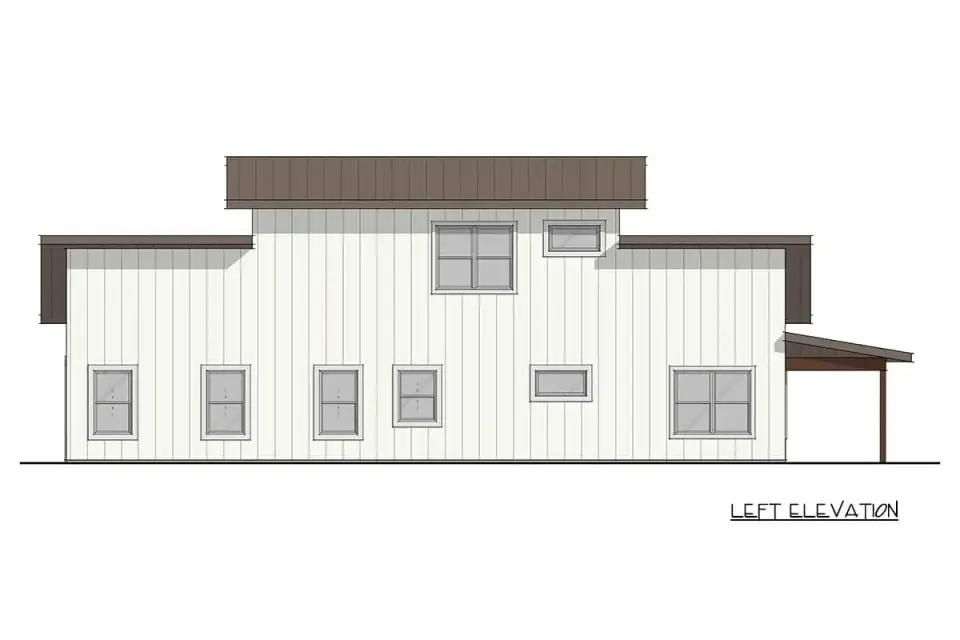 Three-quarter rendering of Plan 405151FDC showing the relationship between the front porch, the clerestory monitor, and the garage mass