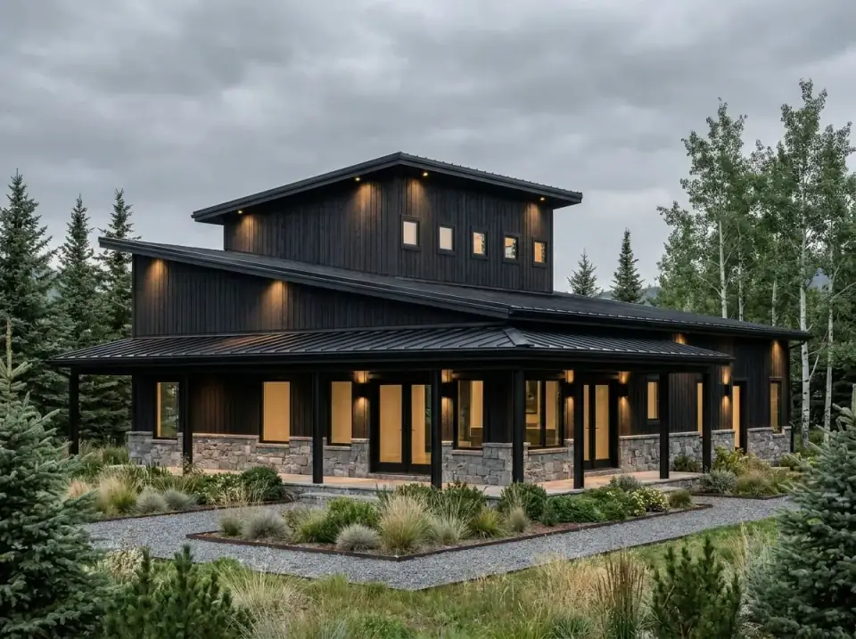 Mountain Contemporary facade variant — dark charcoal vertical siding on main block and clerestory monitor, black standing-seam roofing, stone wainscoting at porch bases, integrated soffit uplighting highlighting the shed roof planes, native evergreens and ornamental grasses with crushed stone pathways