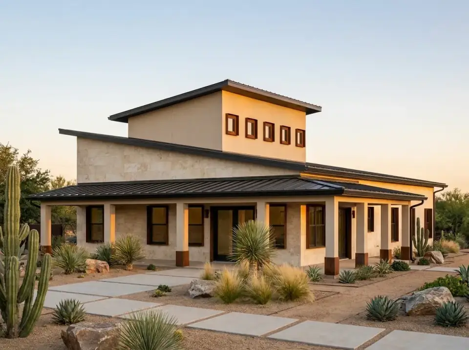 Desert Modern facade variant — lower mass clad in large-format limestone-look tile, upper clerestory in warm stucco with dark wood window frames, rusted-metal base wraps on porch columns, xeriscape with saguaro agave yucca and decomposed granite punctuated by oversized concrete pavers