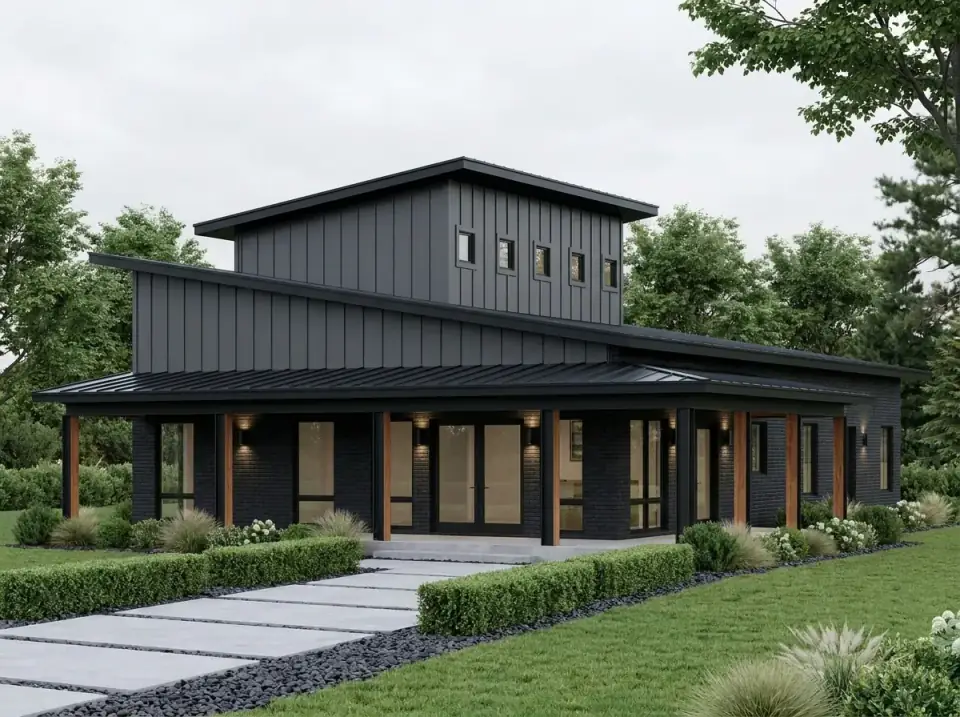 Urban Graphite facade variant — all-graphite facade with dark brick or fiber-cement siding, matte-black window frames, matching metal roof, wood-toned porch columns as warm accent, full-height glazing at the entry, clipped boxwood hedges and dark gravel bands with large-format concrete steppers