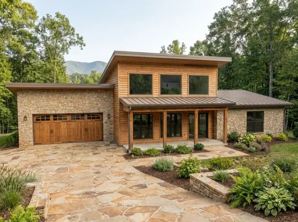 Rustic Craftsman facade variant with stone veneer heavily applied to garage and base of main house, medium-brown horizontal wood siding on upper sections and porch, matching wood garage door, timber columns, irregular flagstone driveway and path, stone retaining walls, plantings of ferns hostas and hydrangeas