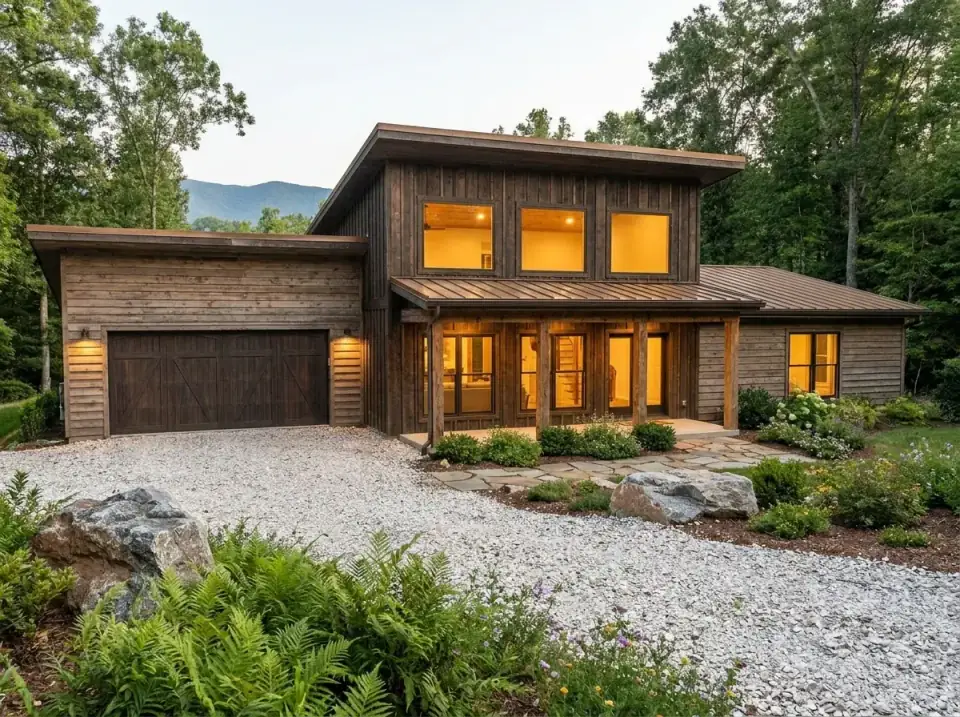 Rustic Wood Cabin facade variant with entire exterior clad in dark stained vertical wood siding giving unified cabin-like appearance, heavy timber columns and beams defining porch, gravel driveway, large granite boulders, plantings of ferns and native wildflowers