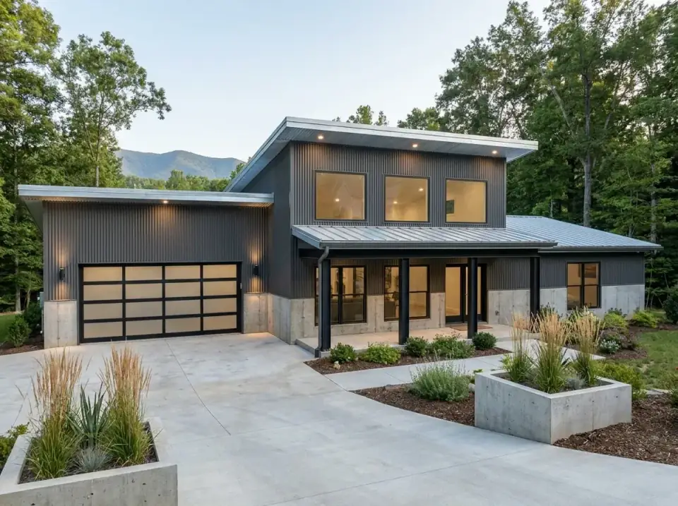 Industrial Modern facade variant with dark grey corrugated metal siding covering majority of house, raw concrete foundation walls and large geometric planters, smooth concrete driveway, minimalist architectural grass plantings inside concrete planters