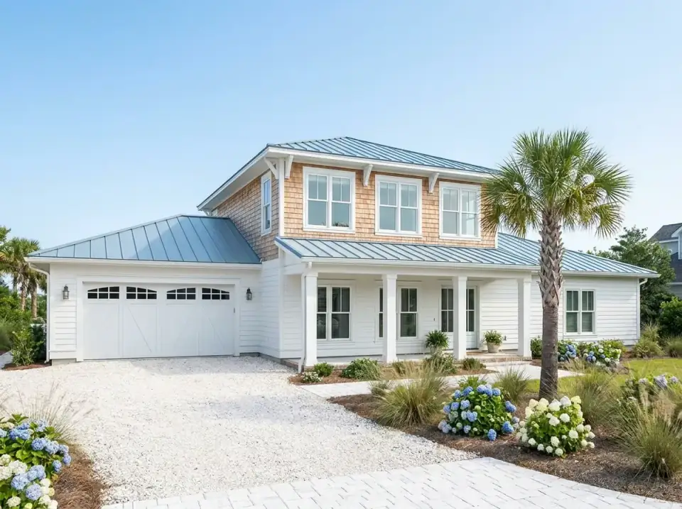 Coastal Cottage facade variant with white horizontal siding on main level paired with natural cedar shakes on upper volume, light blue standing-seam metal roof with beach-inspired touch, crushed shell driveway, prominent palm tree, beds of blue and white hydrangeas and dune grasses