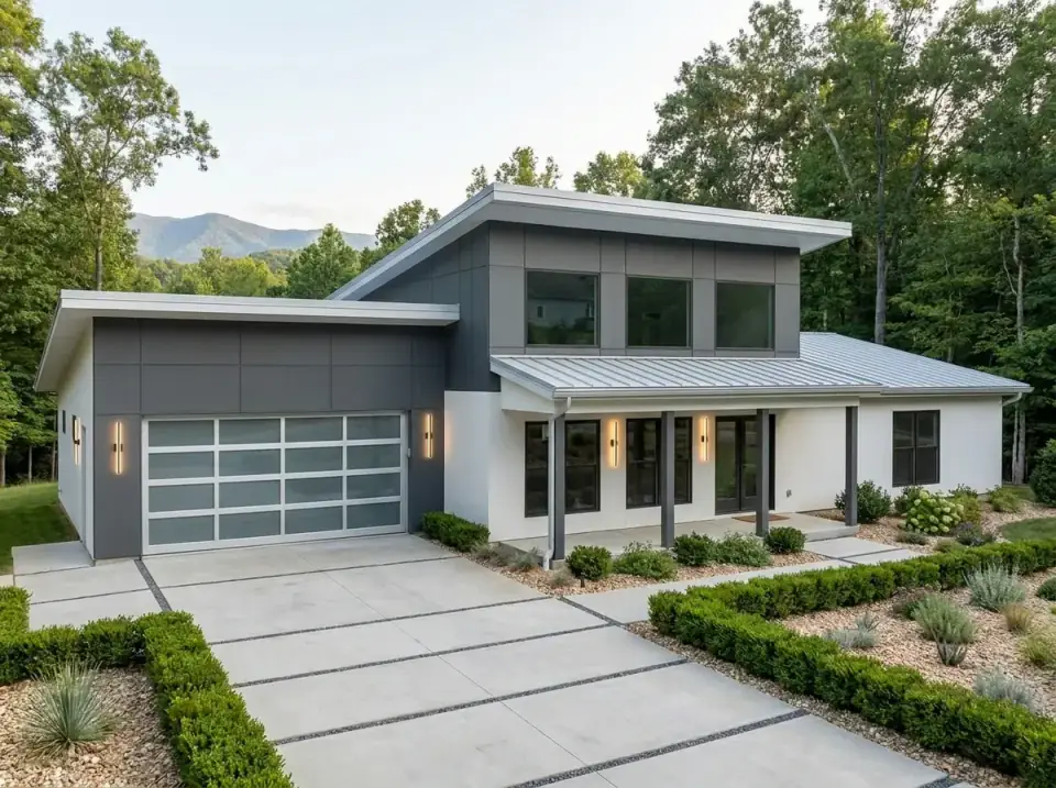 Sleek Geometric Modern facade variant with dark grey panels on garage and upper section contrasting white stucco or siding on main body, clean precise lines, concrete paver driveway with gravel strips, low manicured boxwood hedges, architectural agave plants