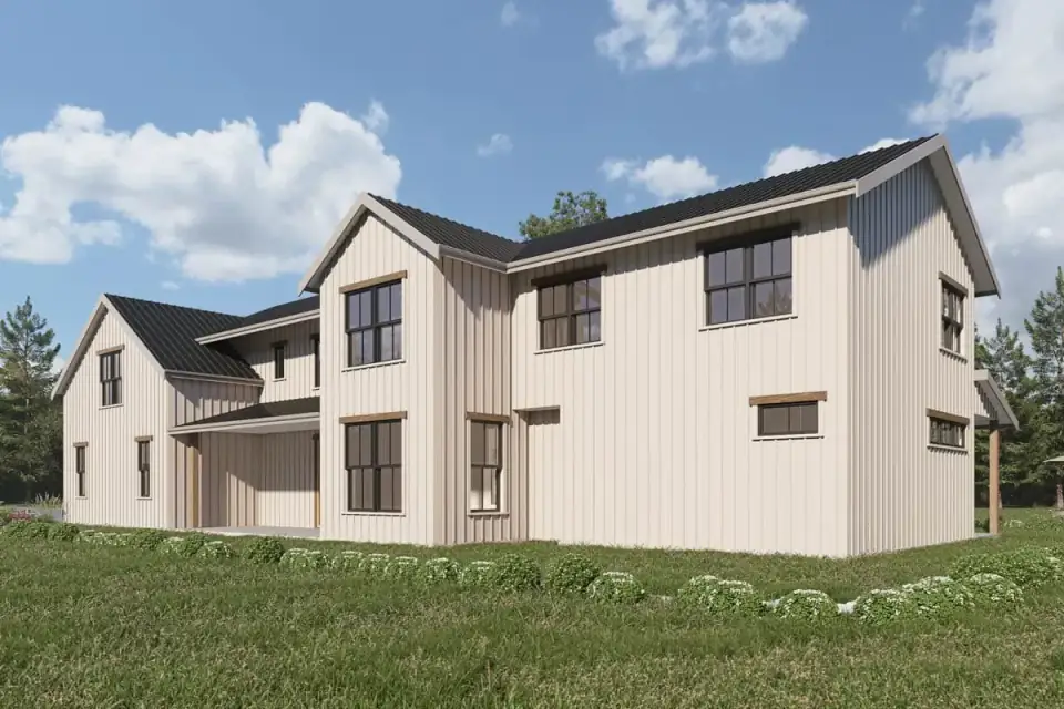Rear elevation showing the 27-by-8-foot covered porch extending across the back of the barndominium