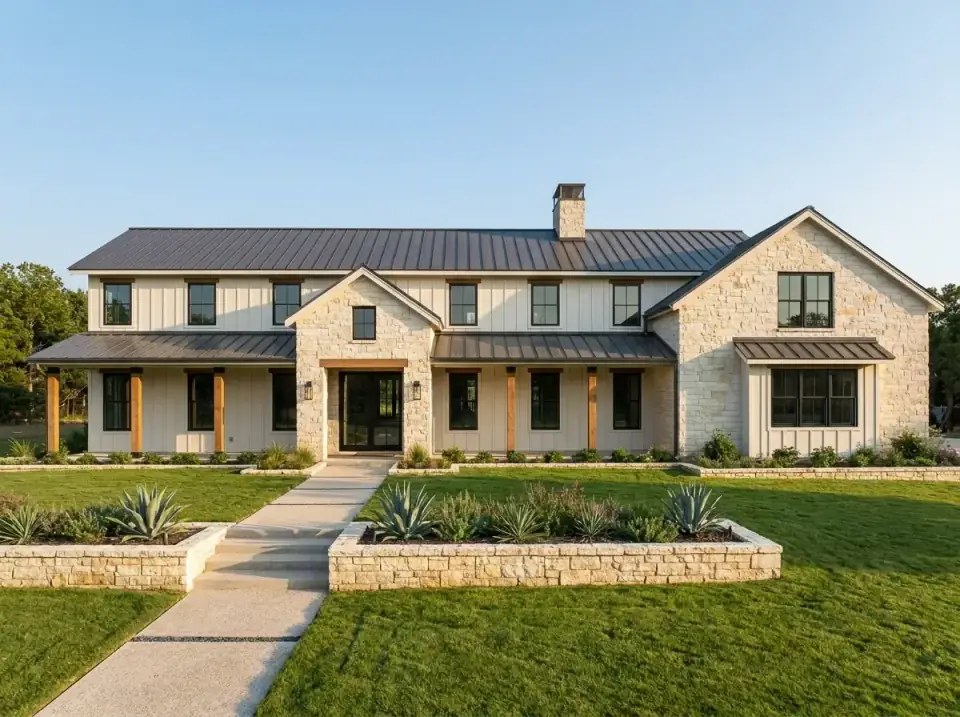 Natural limestone and off-white vertical siding barndominium with a dark standing-seam roof and a xeriscape of agave and drought-tolerant succulents