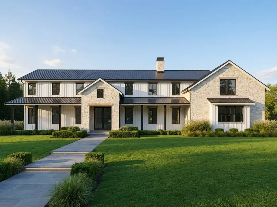 Barndominium with stone and siding set against manicured boxwood hedges, structured shrubs, a lush lawn and a wide stone walkway