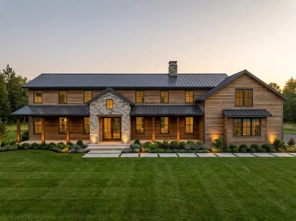 Warm natural wood siding barndominium with stone accents and integrated landscape lighting glowing at dusk