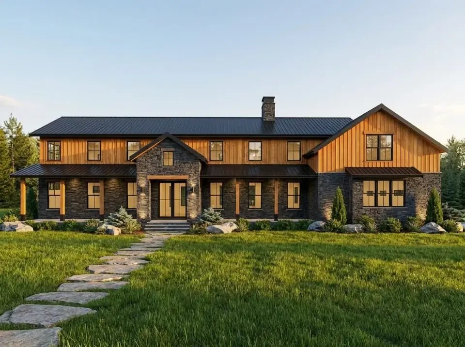 Barndominium with dark ledger stone and cedar-toned siding, a flagstone path and native boulders for a rugged rustic look