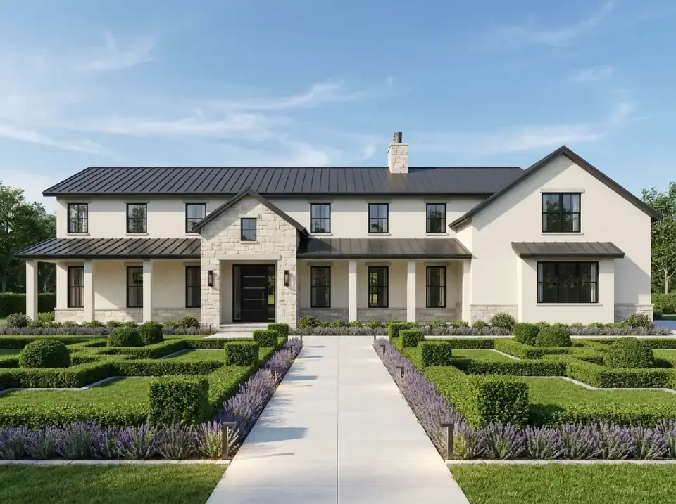 Smooth stucco and light stone barndominium with geometric parterre hedging and lavender-lined walkways in a European-influenced design