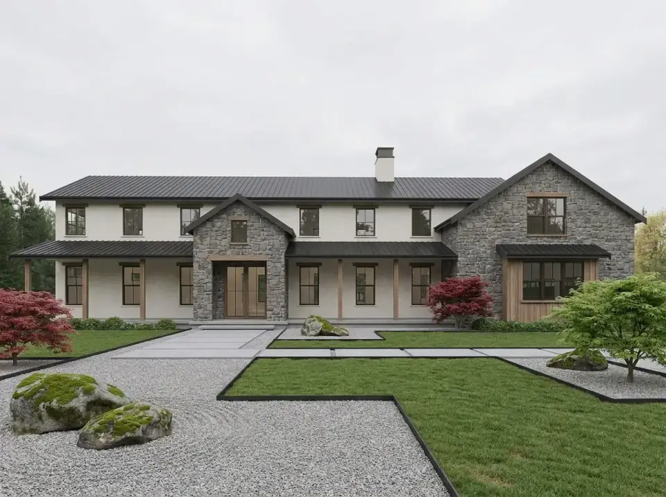 Barndominium with dark grey fieldstone and white siding framing a Japanese-inspired front yard with raked gravel, moss boulders and Japanese maples