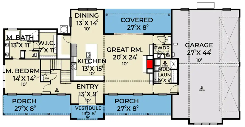 Main floor plan of a barndominium with a 20-by-24-foot great room, open kitchen and dining, main-level master suite, mudroom-laundry and side-loaded four-car garage