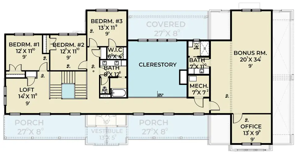 Second floor plan showing a central clerestory, three bedrooms, a loft, a home office and a 20-by-34-foot bonus room with two full baths