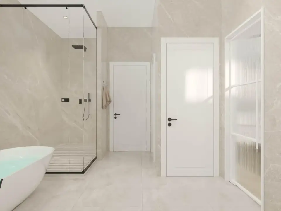 Powder room near the garage entry with simple modern fixtures