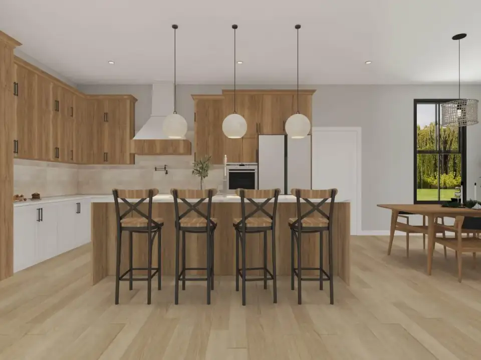 Open-concept living, kitchen and dining viewed together with consistent light oak flooring