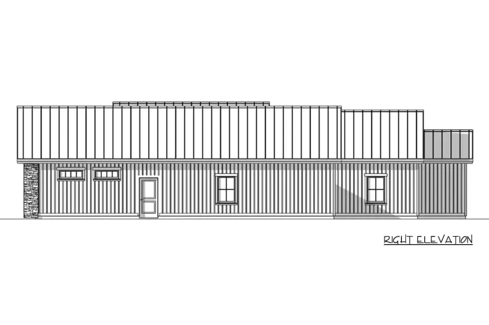 Front exterior of Plan 180028VNW showing a low-slung horizontal profile with multiple gabled rooflines in standing-seam metal, vertical board siding, natural stone piers, a covered front porch with an exposed timber truss and an integrated two-car garage on the right of the elevation