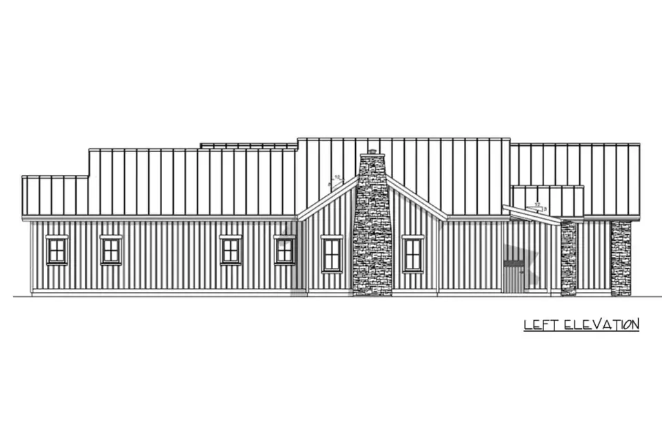 Three-quarter front view of Plan 180028VNW showing the modern country ranch massing, the gabled entry porch with timber truss and the relationship between vertical siding and stone pier bases