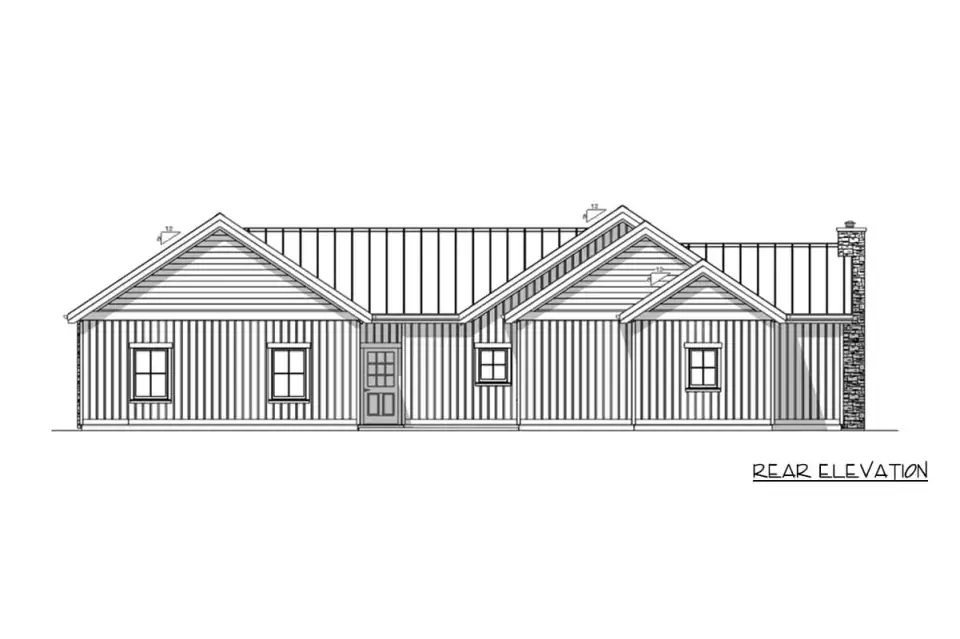 Angled elevation of Plan 180028VNW showing consistent window spacing, the standing-seam metal roof pitches and the horizontal spread of the single-story footprint