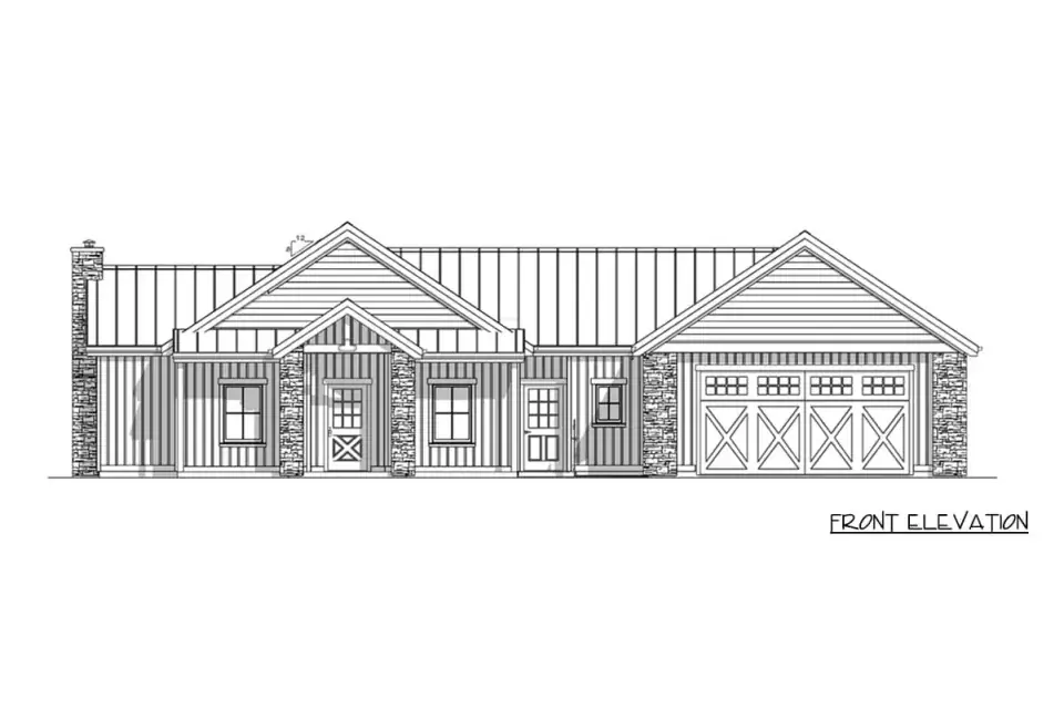 Side elevation of Plan 180028VNW showing the long depth of the footprint, the gabled roof forms and the vertical siding treatment carried along the wall