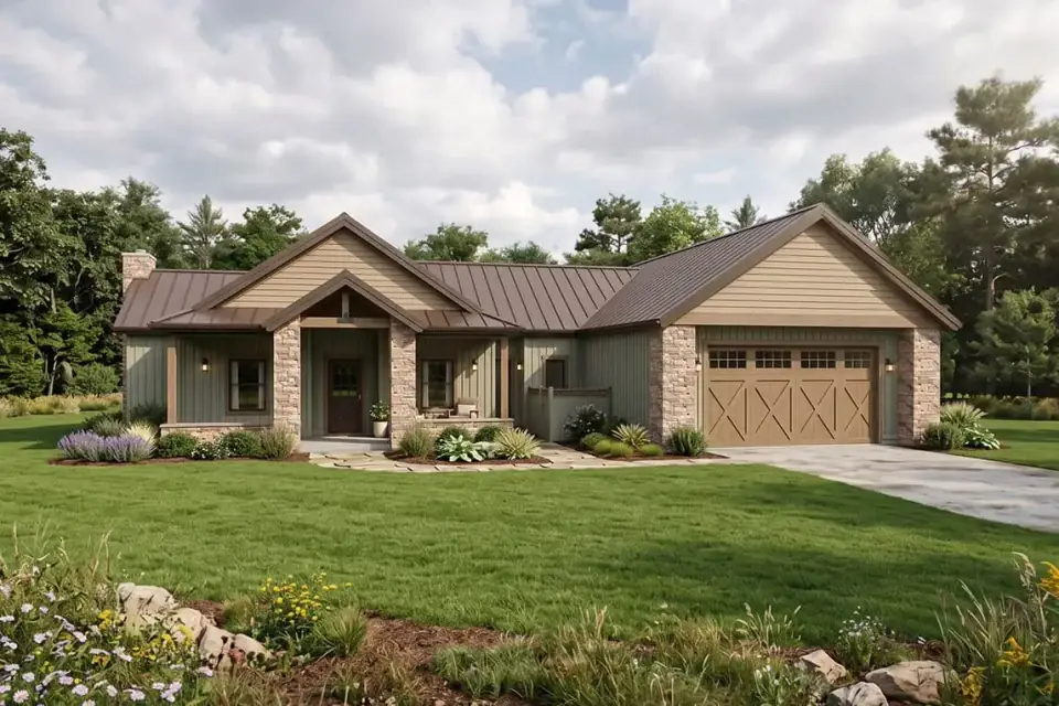 Detail view of the covered front porch of Plan 180028VNW showing the exposed timber truss, stone pier supports and the vertical siding behind the entry