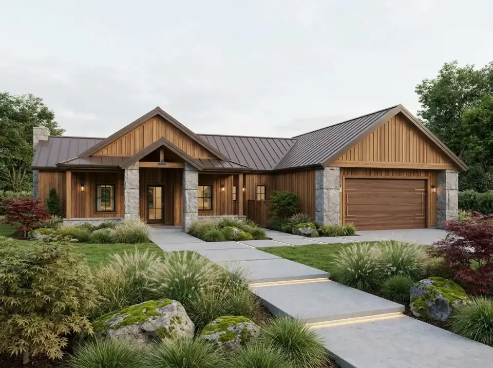 Pacific Northwest Lodge facade variation of Plan 180028VNW with natural cedar-toned vertical siding, rough-hewn stone piers, a weathered metal roof, moss-covered boulders, ornamental grasses and Japanese maples along a concrete walk with integrated lighting