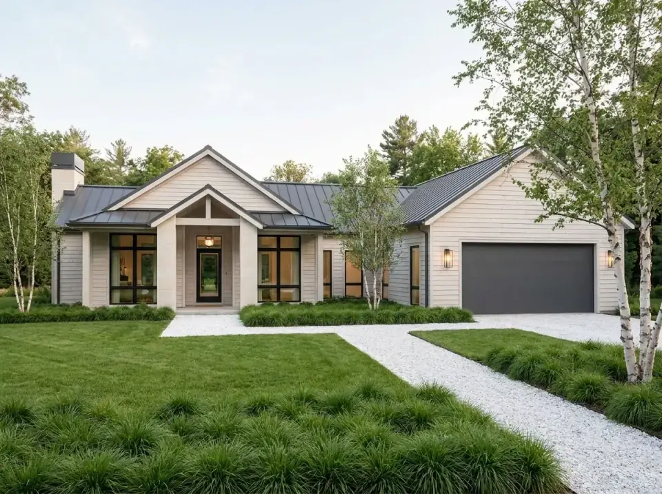 Scandinavian Modern Farmhouse facade variation with pale horizontal siding, a dark standing-seam metal roof, black window frames and a dark garage door, over a minimalist front landscape of white gravel, clumping grasses and birch trees