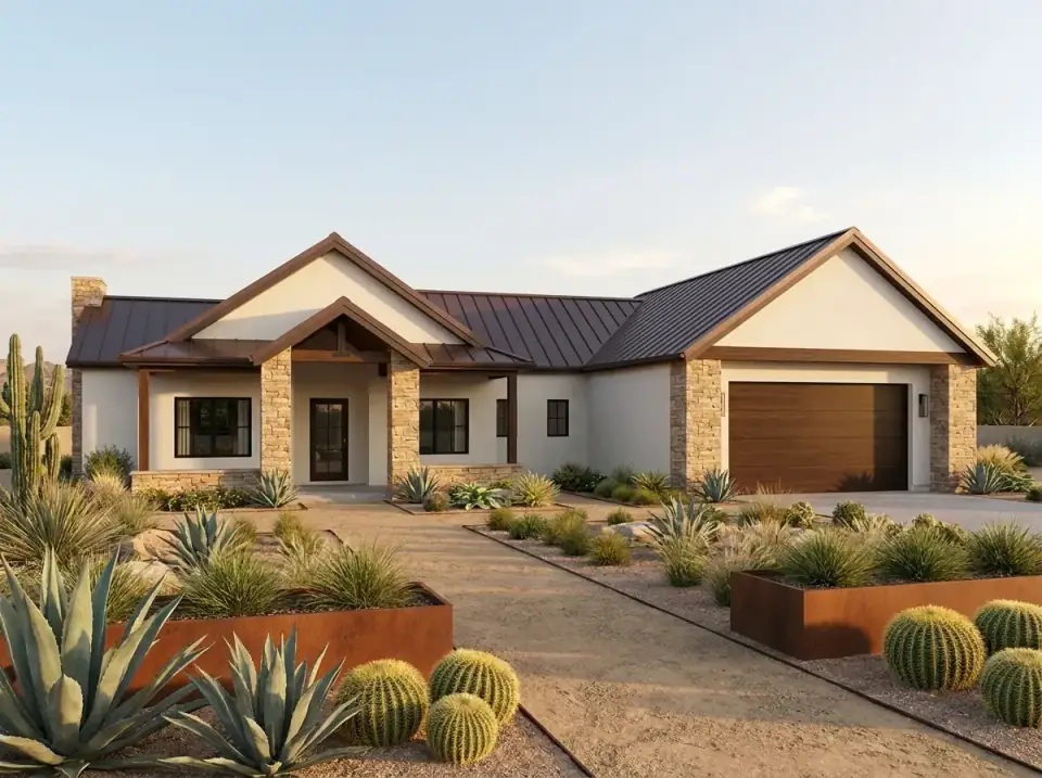 Desert Modern Ranch facade variation with smooth stucco walls, tan stacked stone, a brown metal roof and a front yard of decomposed granite, corten steel planters and drought-tolerant agave and barrel cactus