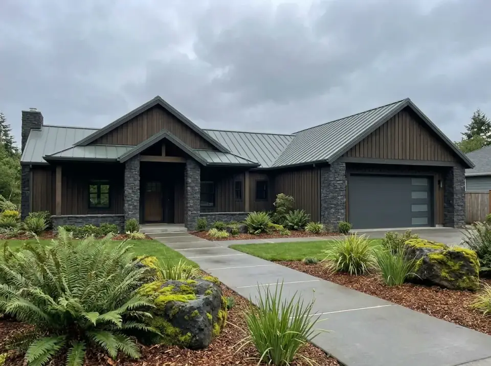 Temperate Rainforest Rustic facade variation with dark wood siding, slate-gray stone, a muted green metal roof, and plantings of native ferns, sword grass and moss-covered basalt boulders in bark mulch