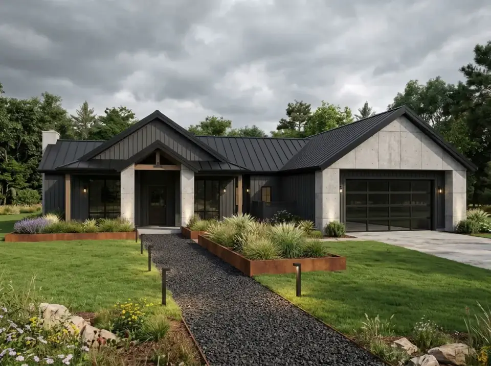 Industrial Modern Edge facade variation with black vertical siding, board-formed concrete piers and garage surround, a black metal roof, a dark-framed glass garage door, dark gravel, steel-edged beds and grasses