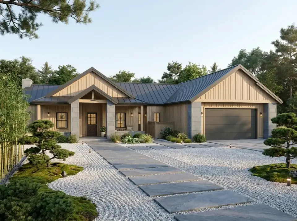 Zen Garden Contemporary facade variation with light-toned natural wood siding, smooth gray stone piers, a dark metal roof and a dry garden of raked white gravel, large stepping stones, pruned evergreens and controlled moss patches