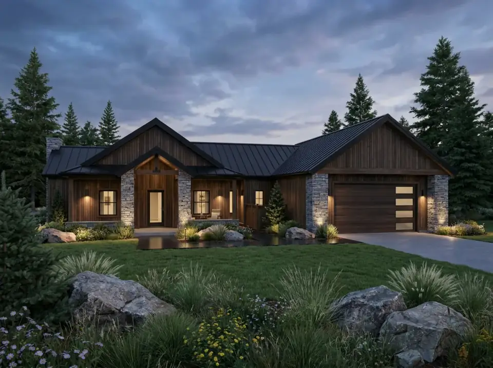 Modern Country Ranch at Dusk with Stone and Wood Siding