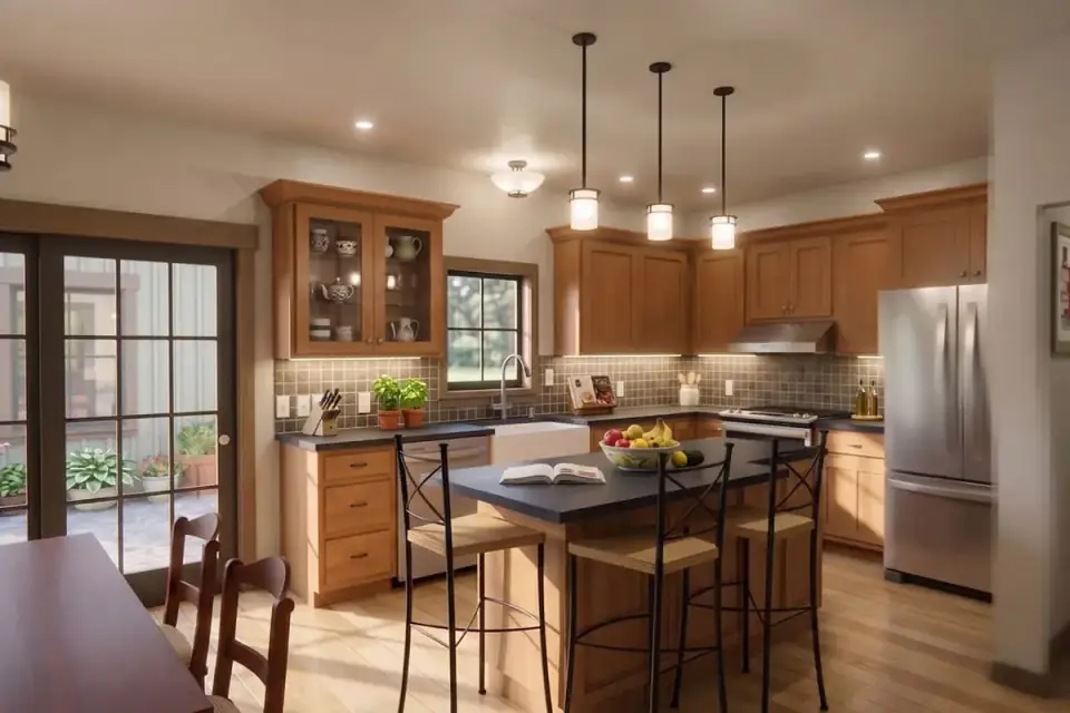 Great room render of Plan 180028VNW centered on a stone fireplace with a raised hearth, arranged for furniture grouping with sightlines toward the dining area and open flow to the kitchen