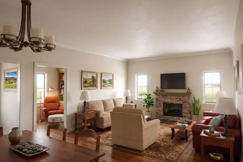 Primary bedroom render of Plan 180028VNW with wood flooring, dual windows, simple ceiling treatment and enough depth for a dresser and a sitting chair
