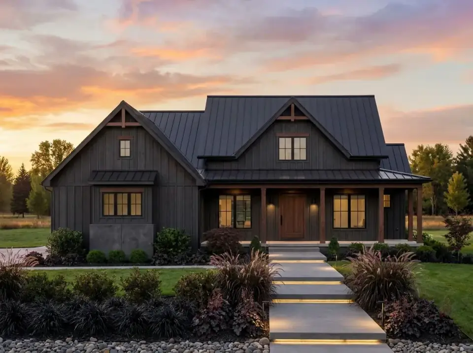 Dark and moody contemporary farmhouse facade with charcoal vertical siding, matching dark metal roof, and LED-lit concrete path through deep-toned plantings