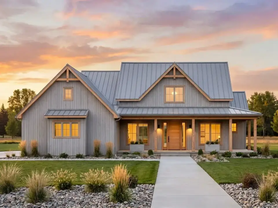 Monochromatic gray farmhouse facade with light-gray vertical siding, matching gray metal roof, light wood trim, and river-rock beds with airy grasses