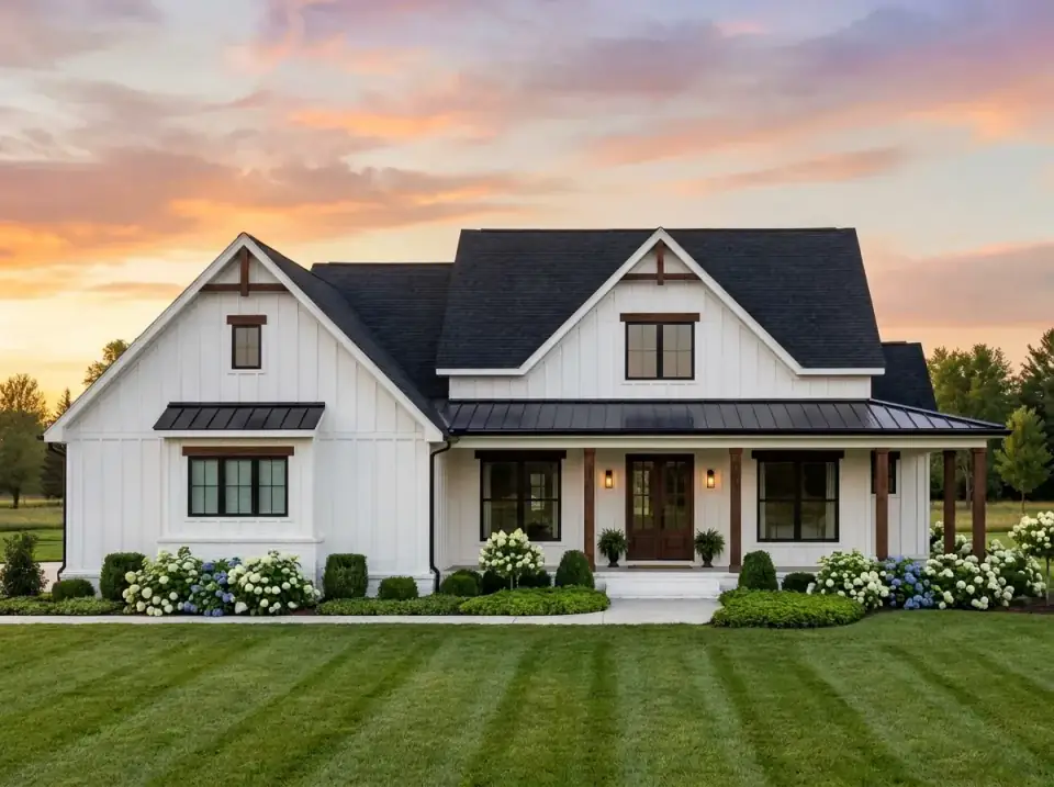 High-contrast farmhouse facade with bright white siding, black window sashes and fascia, black metal porch roof, and white hydrangeas flanking the porch
