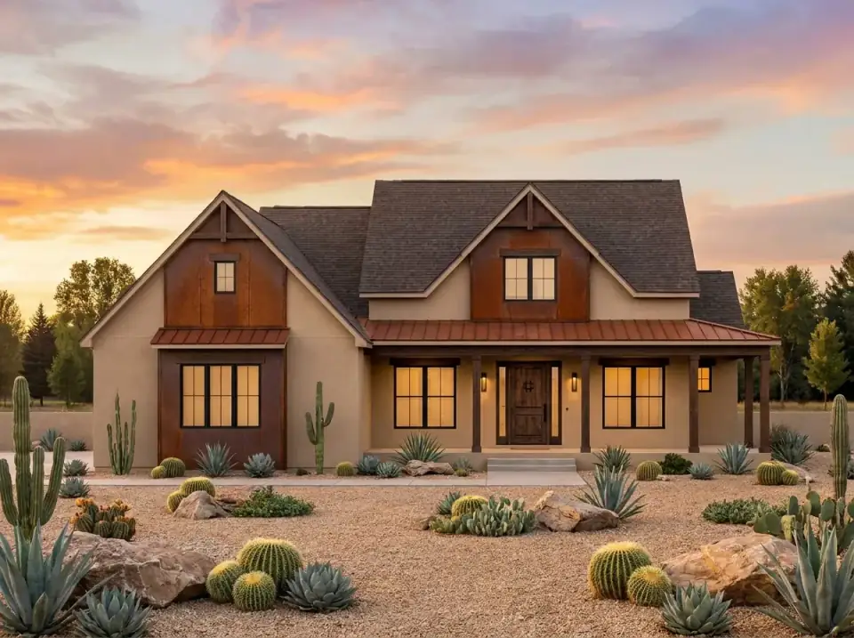 Desert modern farmhouse facade with warm tan stucco, rusted metal roof and awnings, and a foreground of gravel, landscape rocks, cacti, and agave
