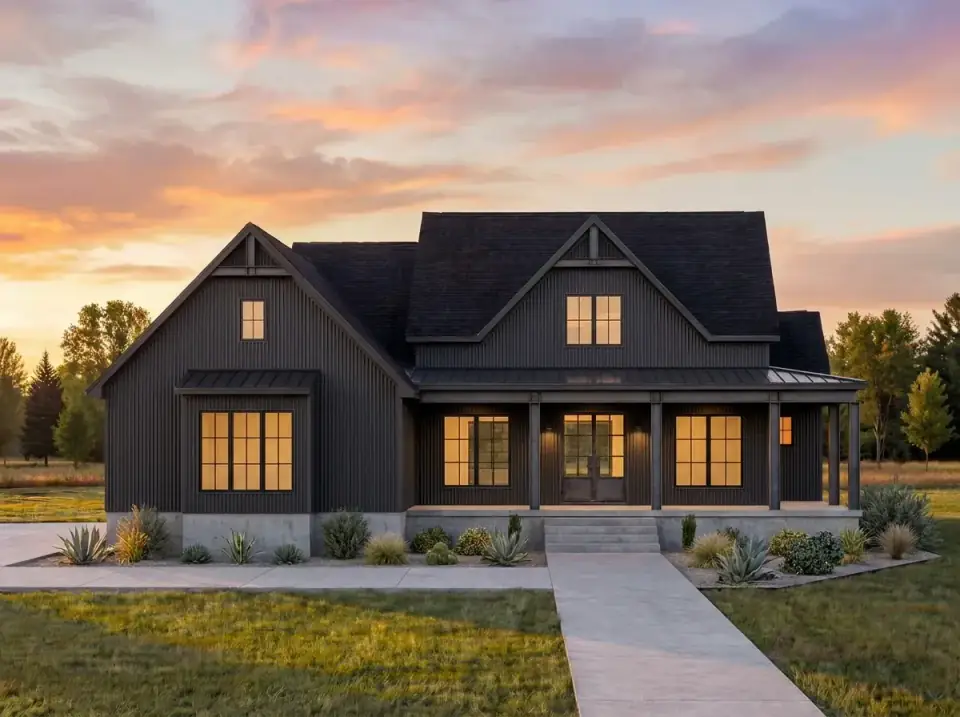 Ultra-modern industrial facade with dark vertical metal siding and roof, industrial metal porch columns, and stark gravel beds with agave and blue fescue
