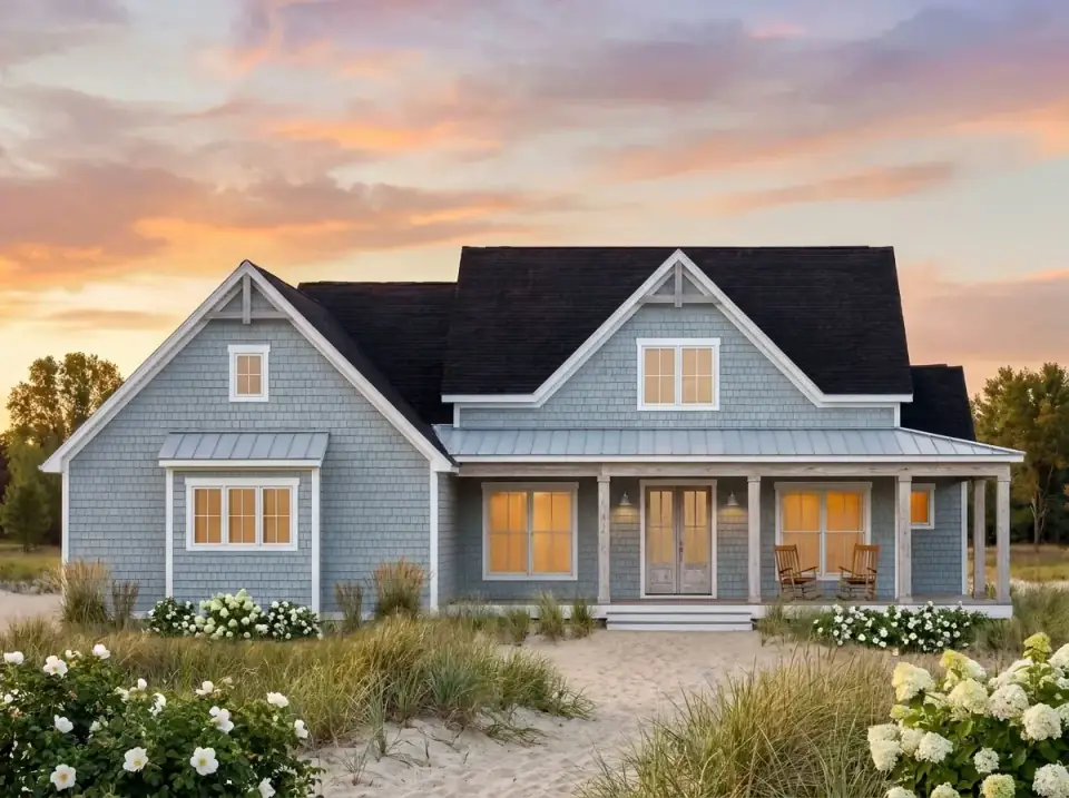 Coastal cottage farmhouse facade with light-blue cedar shake siding, light-gray metal roof, whitewashed columns, and a dune landscape of sand and beach roses