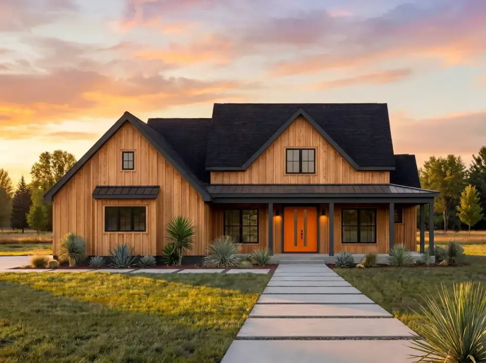 Natural wood farmhouse facade with vertical cedar plank siding, black metal roof and window frames, and a striking pair of bright-orange front doors