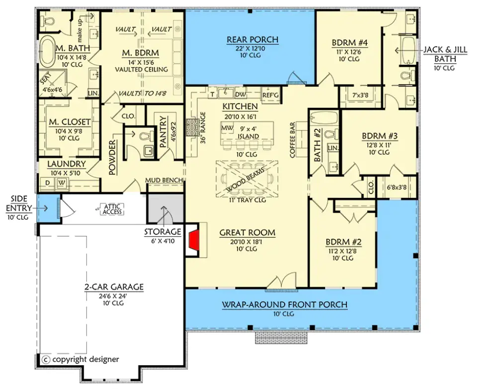 Single-story floor plan of modern farmhouse plan 56572SM showing a split-bedroom layout with the master suite on the left wing, an open great-room core, and three bedrooms on the right