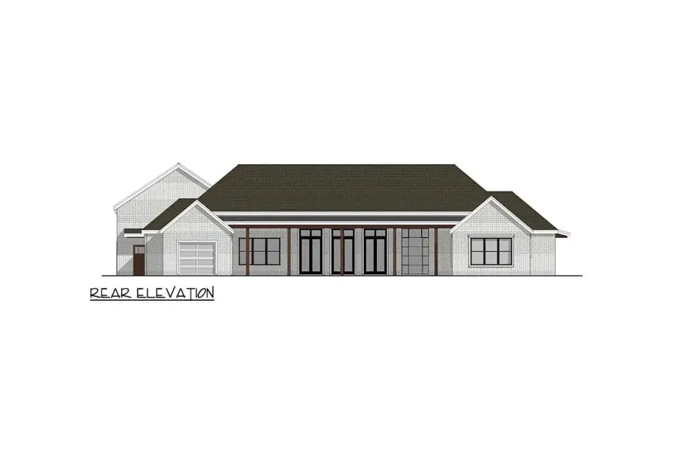 Front elevation rendering of Plan 405147FDC — modern farmhouse with crisp white board-and-batten siding, dark charcoal standing-seam metal roof, prominent gabled entry with large glass door, black-framed windows across the facade, side-entry 3-car garage maintaining a clean front composition