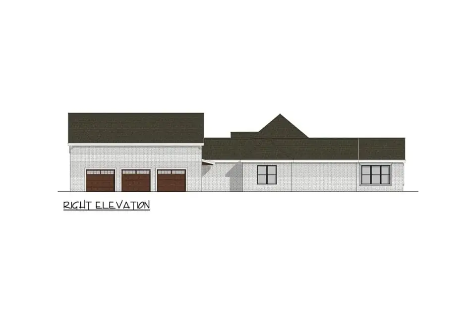 Side elevation of Plan 405147FDC showing the relationship between the main living mass, the projecting bedroom wing, and the side-entry garage with bonus room above