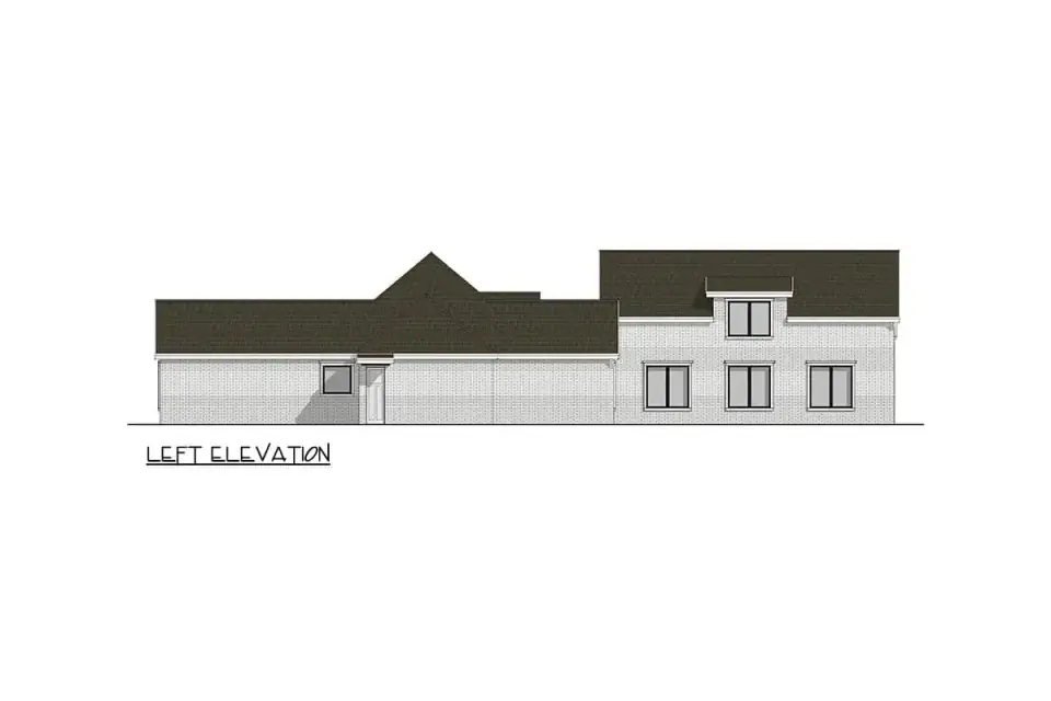 Rear elevation of Plan 405147FDC highlighting the 35-by-12-foot covered patio integrated into the main roofline, the continuous bank of windows and doors at the rear of the living room, and the U-shape wings projecting on either side