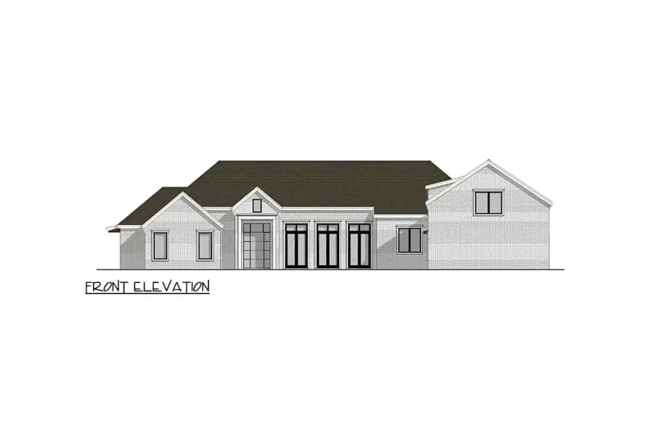 Three-quarter rendering of Plan 405147FDC showing the U-shape massing and the covered patio in context